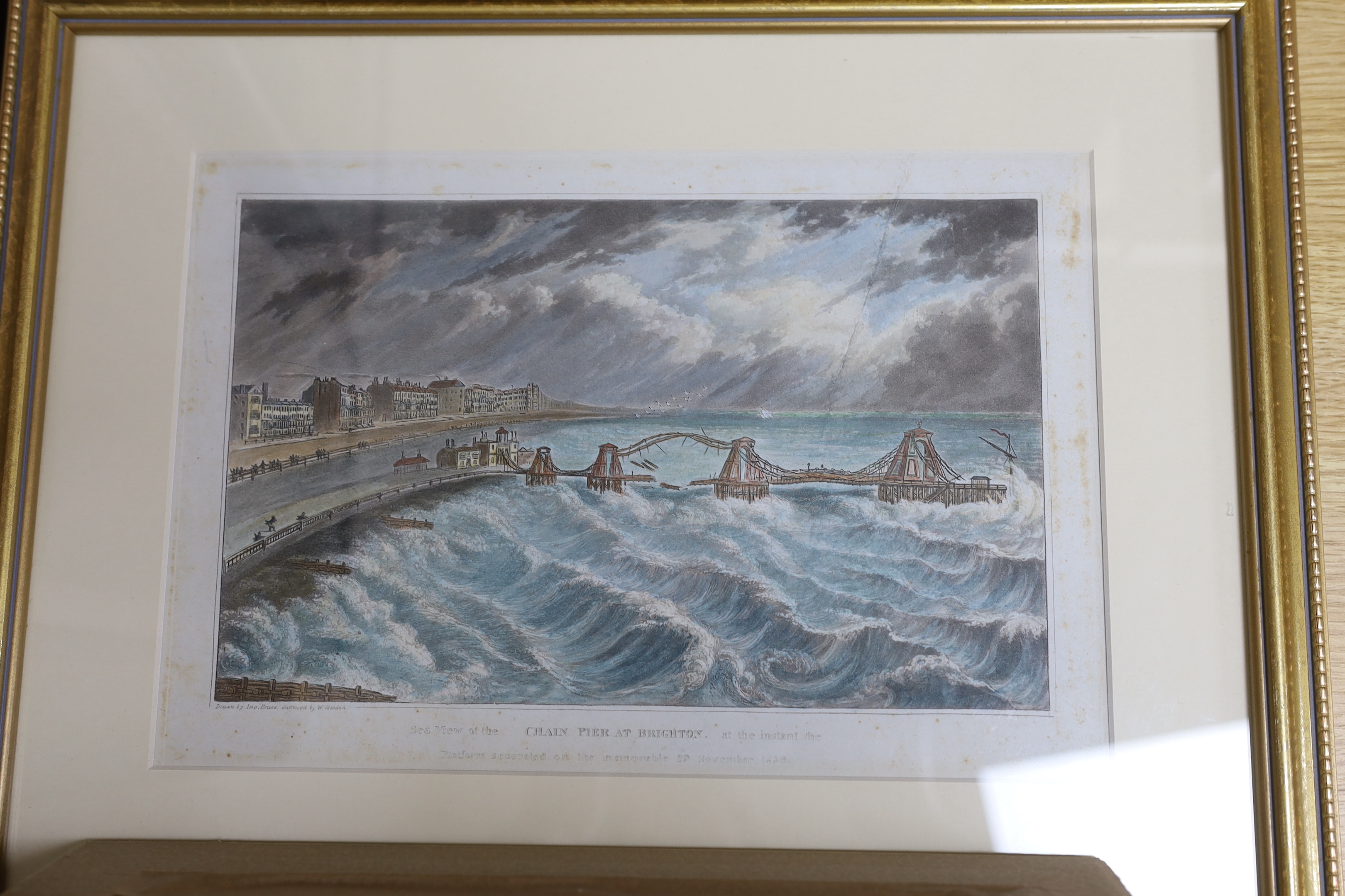 Four 19th century engravings and prints of Brighton Piers, some hand coloured including, ‘Chain Pier at the instant the platform separated on the memorable 29th November 1836’ and ‘New pier & parade’, publ. Newman, toget